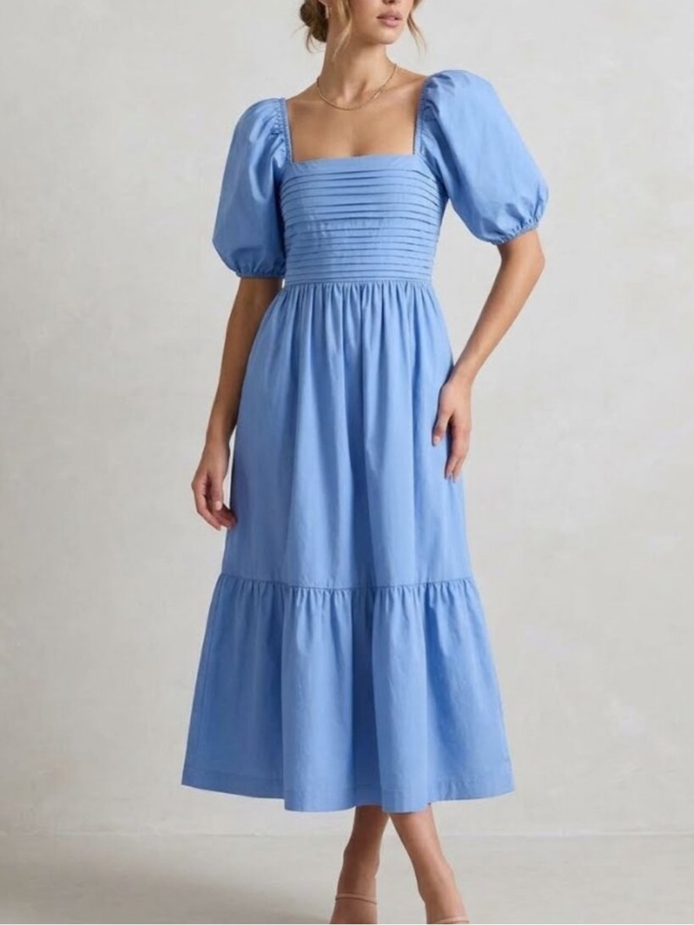 Abercrombie & Fitch Blue Puff-Sleeve Square-Neck Midi Dress